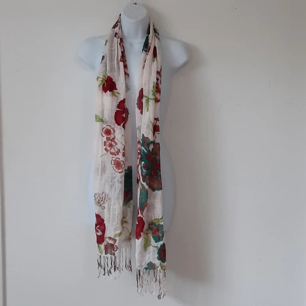 Teal, lime, red floral print on cream scarf